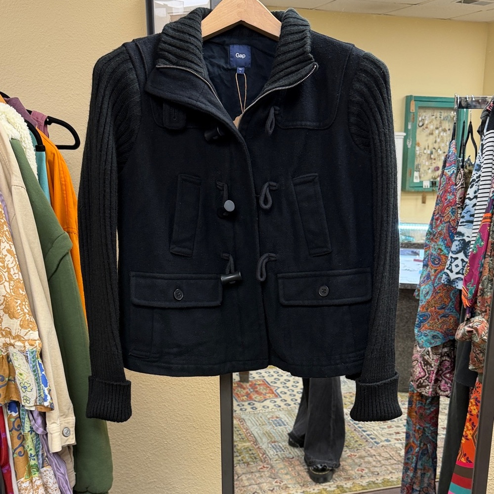 GAP Black Wool-Blend Toggle Pea Coat with Ribbed Sleeves